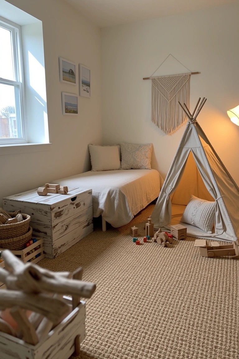White kids bedroom with beige bed, corner teepee tent lit from inside, wooden toys, and baskets on beige rug