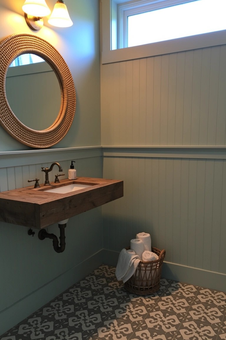 Soft green board-and-batten walls in a coastal boho farmhouse powder room with floating wood vanity and rattan towel basket