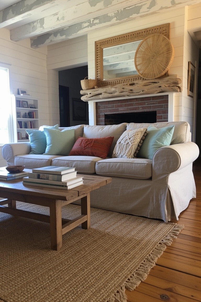 White slipcovered sofa with colorful pillows in a coastal farmhouse living room by brick fireplace