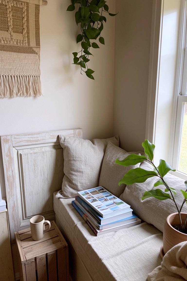 Cozy beige window seat piled with cushions, books, a trailing plant, and mug on a stool in a light neutral room
