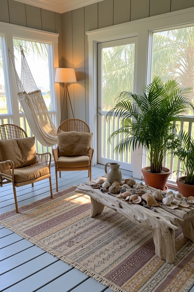 Coastal boho porch with low driftwood coffee table topped with shells and a pitcher, rattan chairs, hanging hammock, potted plants, and neutral cushions
