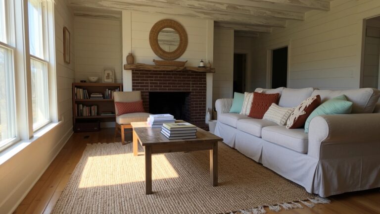 18 Unique Coastal Boho Farmhouse Ideas For Warm Coastal Charm White slipcovered sofa with colorful pillows in a coastal farmhouse living room by brick fireplace