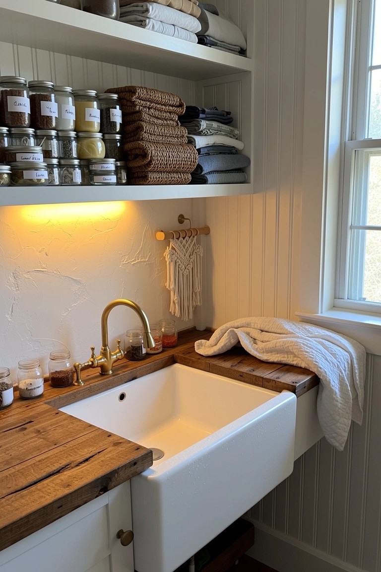 White farmhouse sink on rustic wood countertop in a beadboard-walled laundry nook, with open shelves above holding glass jars, folded towels, and a macrame hanger under warm lighting