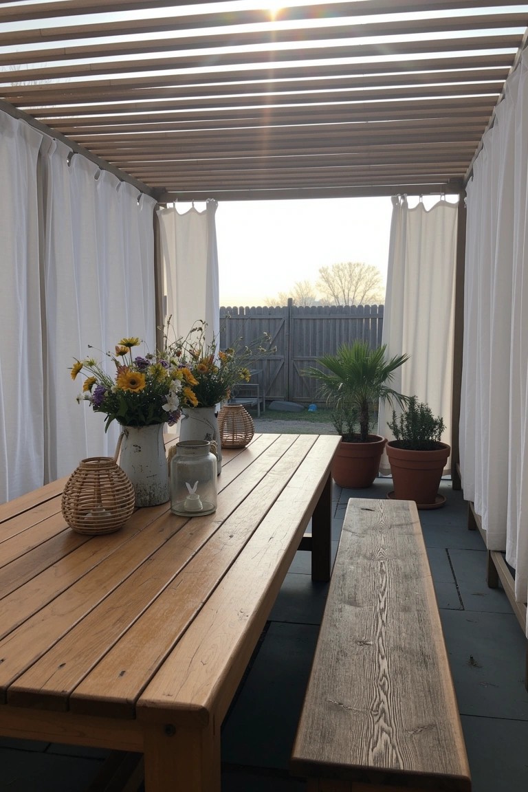 Rustic wooden dining table with benches under slatted pergola, white side curtains, wildflowers in jars, and potted plants on patio
