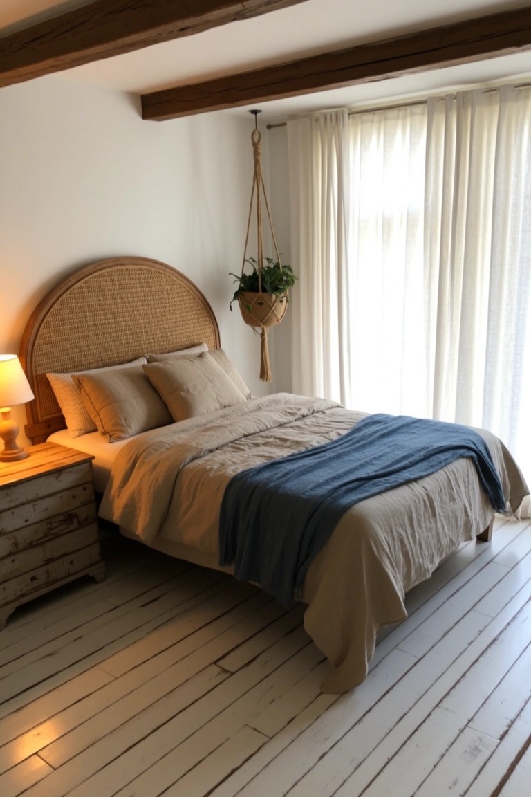 Bedroom with curved rattan headboard, neutral beige bedding, wooden nightstand, and hanging plant by window