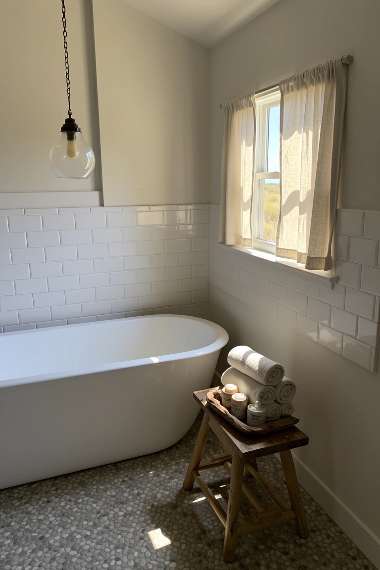 Wooden stool with stacked towels beside white freestanding bathtub in tiled bathroom