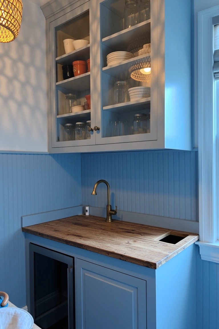 Compact corner wet bar with soft blue cabinets, wooden countertop, glass-front uppers stocked with dishes, brass faucet, and undercounter fridge