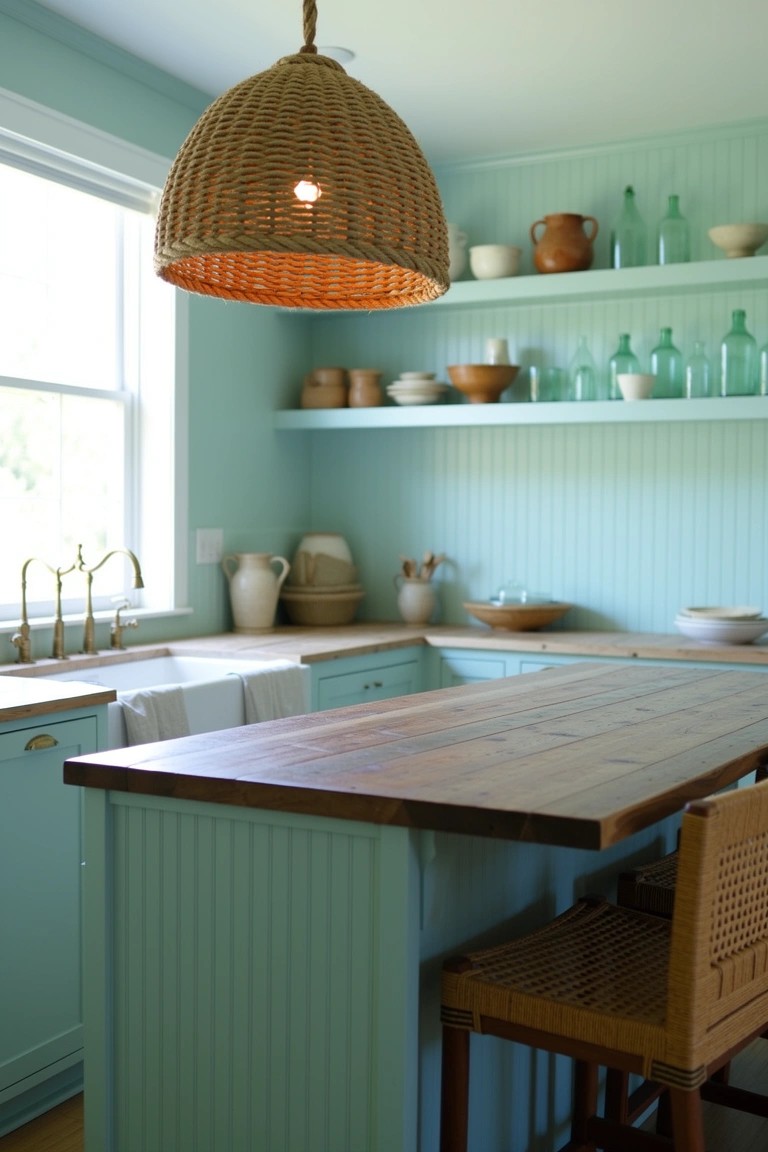 Coastal farmhouse kitchen featuring soft blue shiplap walls, wooden island with rattan stool, woven pendant light, and open shelves with pottery and green bottles