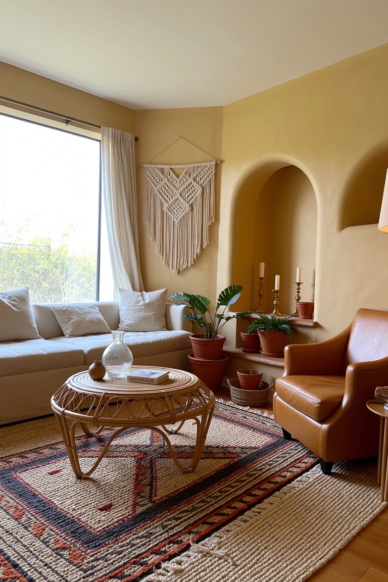 Boho living room corner with arched niche holding plants and candles, macrame wall hanging, rattan coffee table, leather armchair, and woven rug on warm walls