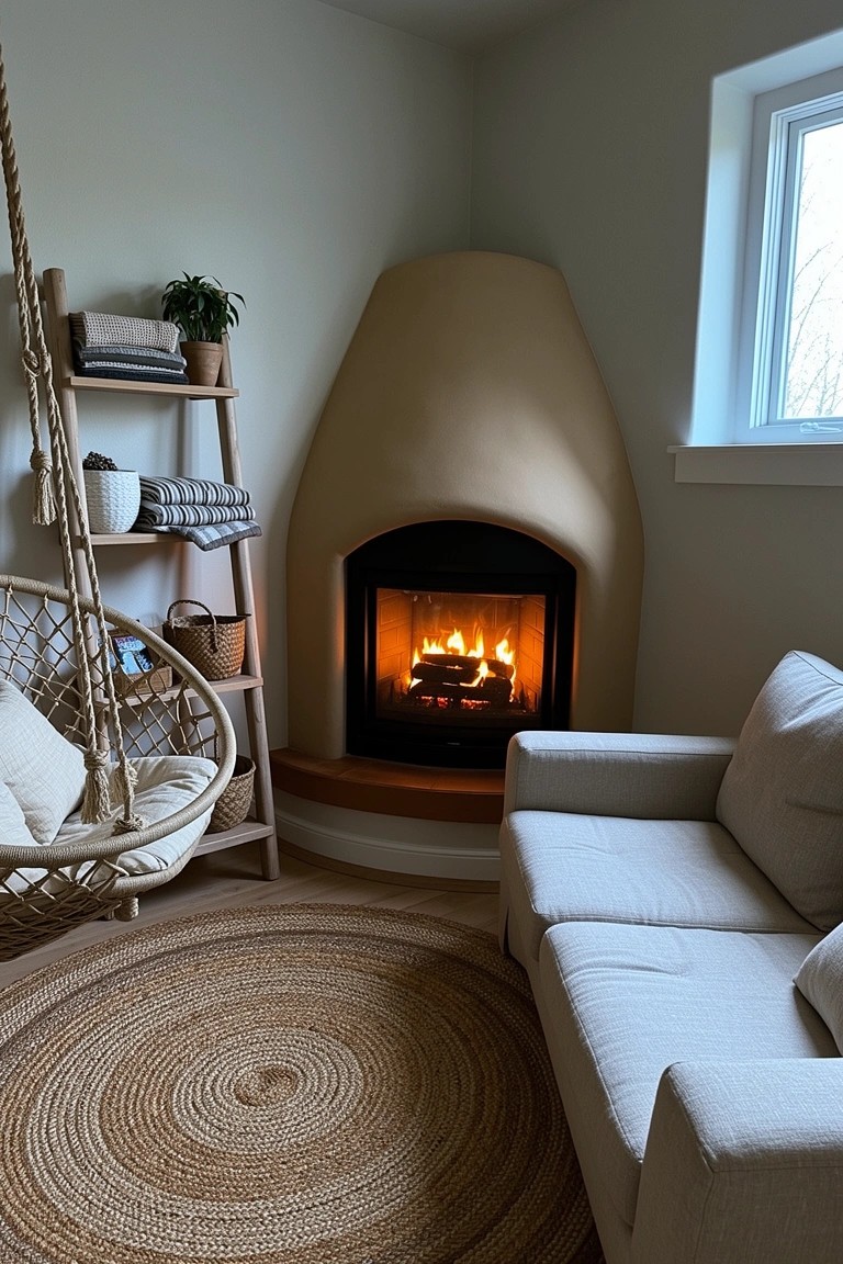 Cozy boho corner with curved beige fireplace, hanging white egg chair, cream sofa, plants on ladder shelf, and round seagrass rug
