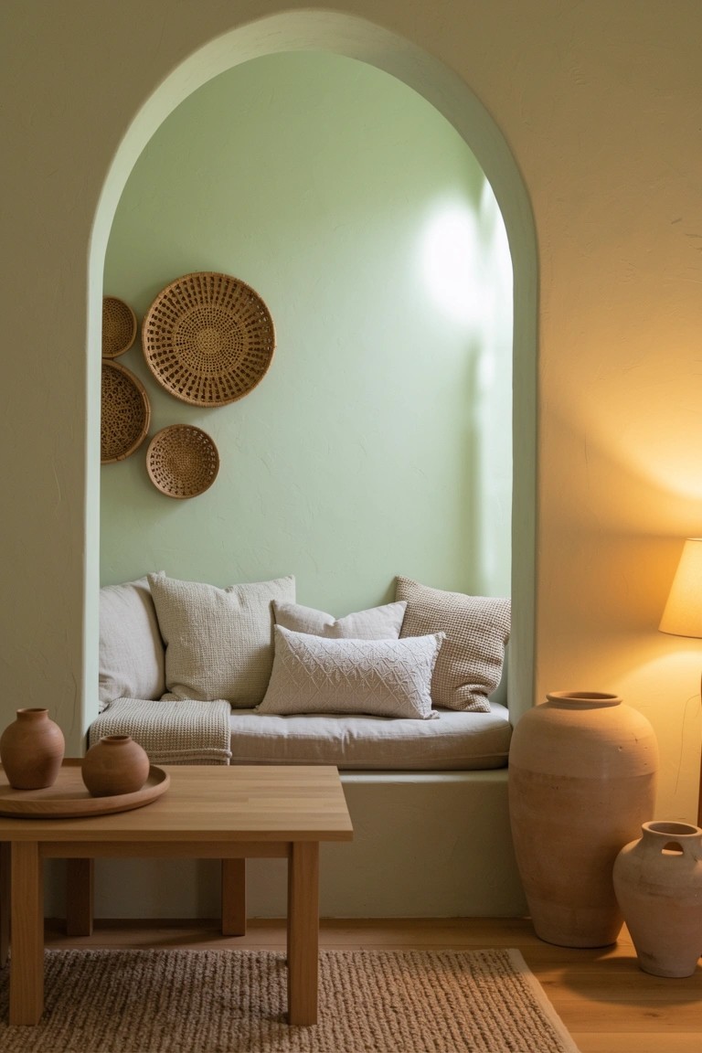 Sage green arched alcove with built-in cushioned bench, low wooden table, terracotta pots, and woven baskets on the wall