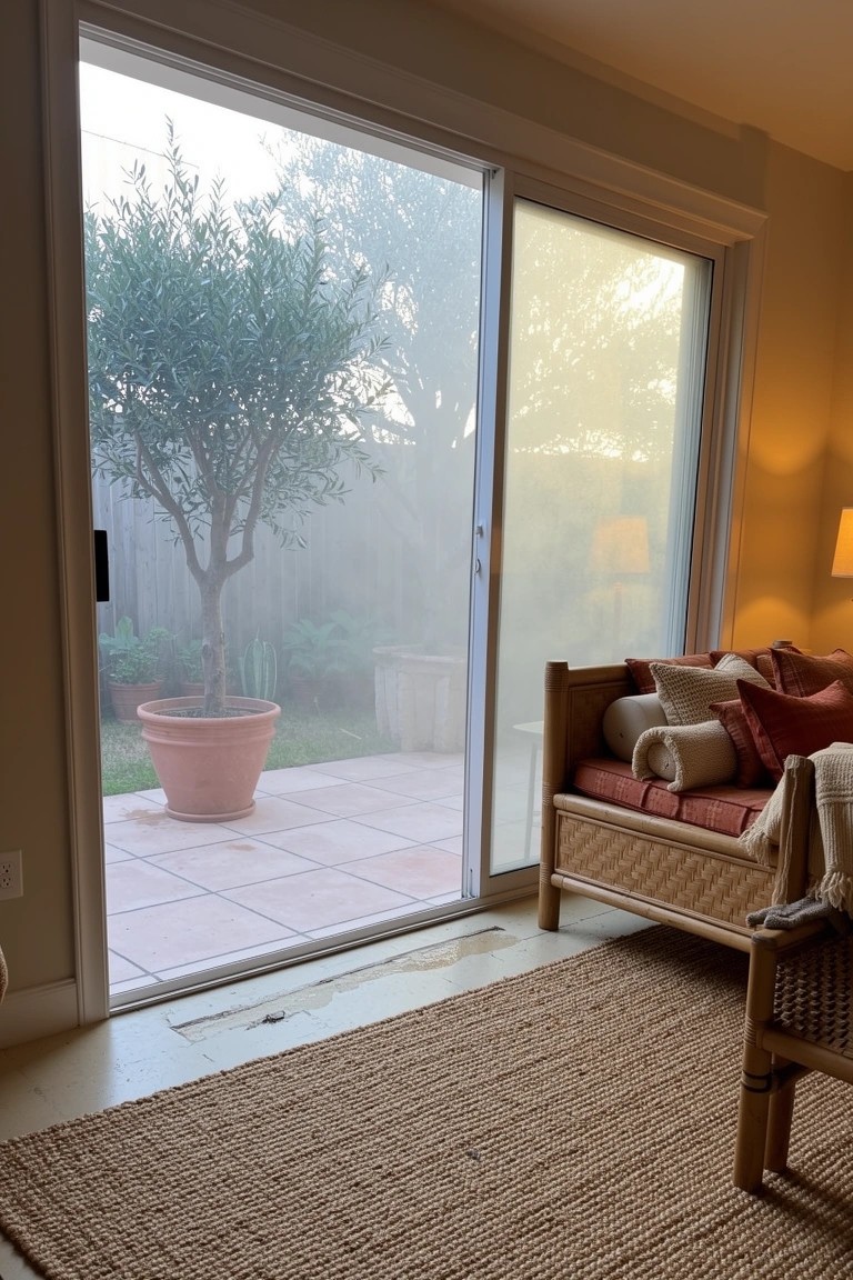 Rattan bench with pillows next to sliding glass doors opening to a patio with potted olive tree