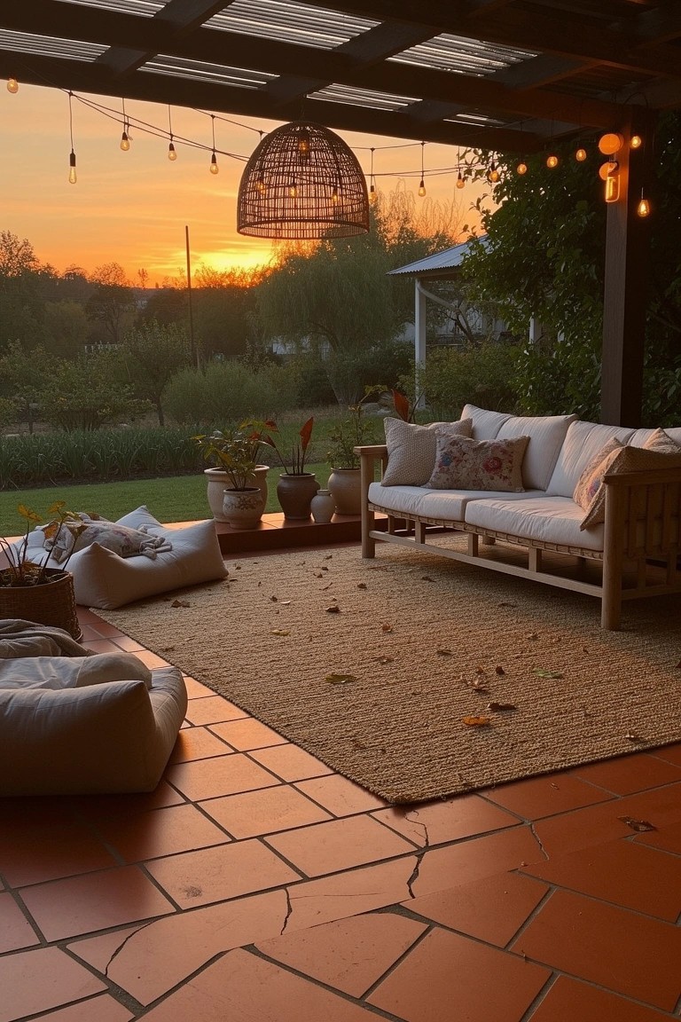 Cozy boho covered patio lounge with white sofa and pillows, large floor cushions on a woven rug, potted plants, rattan pendant light, and string lights over terracotta tile floor