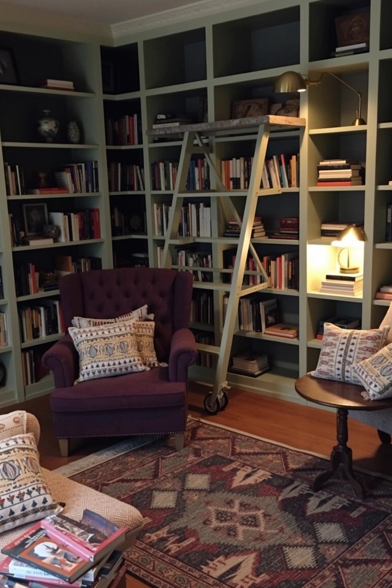 Cozy boho reading nook in corner with green built-in bookshelves, wooden rolling ladder, tufted armchair, and small side table on patterned rug