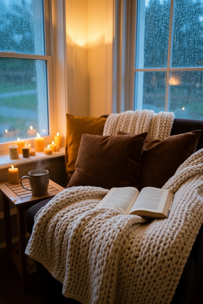 Cozy window seat in a living room with layered pillows, knit blanket, open book, candles, and mug on a side table