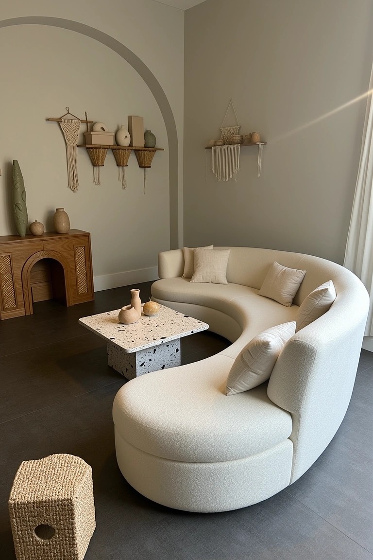 Cozy boho living room corner with white curved boucle sofa wrapping around a terrazzo coffee table, neutral arched wall with macrame and pottery shelves, wooden credenza, and rattan stool