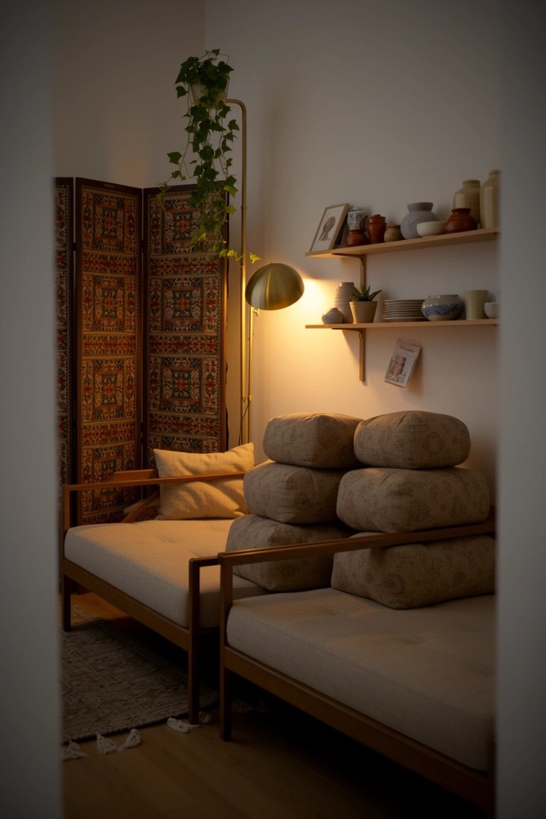 Cozy boho nook with low wooden daybed stacked high with beige pillows behind a patterned screen plants on shelves and soft lamp light