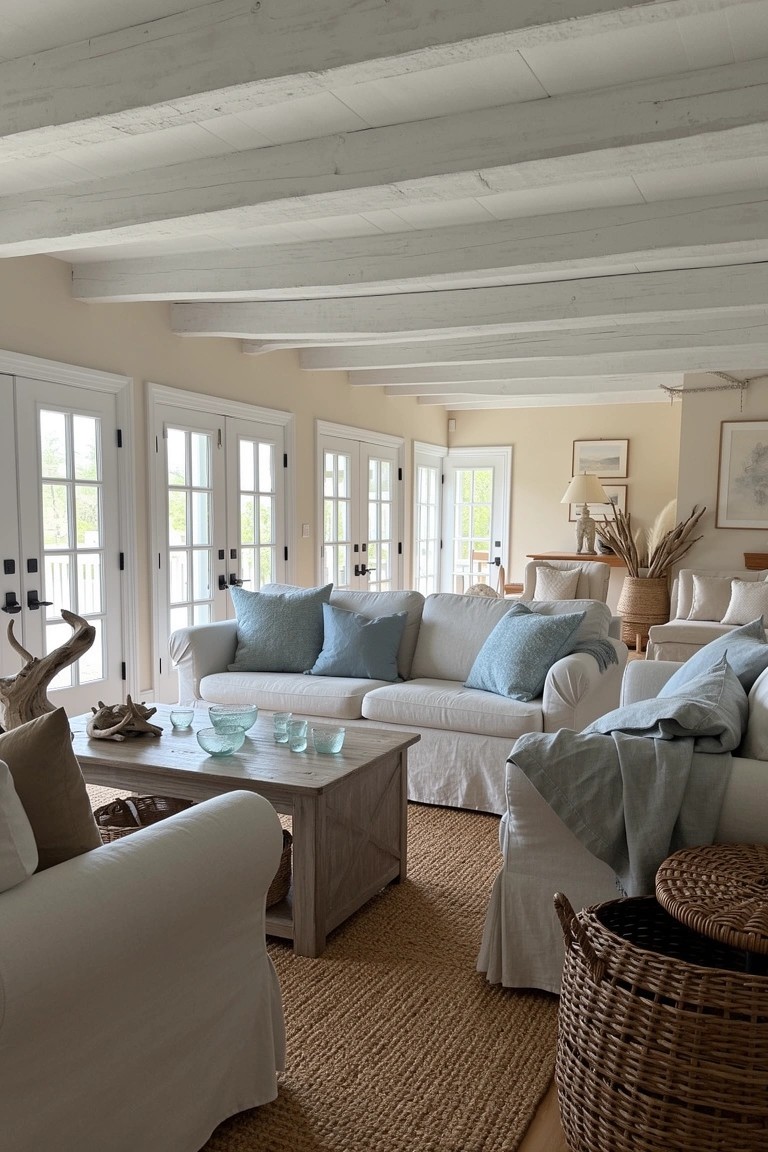 Living room with exposed white wooden beams on the ceiling, white slipcovered sofas piled with blue pillows, wooden coffee table, and jute rug
