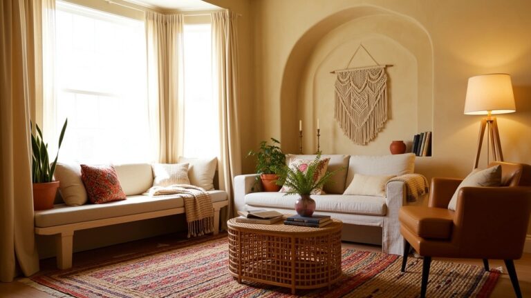 Boho living room corner with arched niche holding plants and candles, macrame wall hanging, rattan coffee table, leather armchair, and woven rug on warm walls