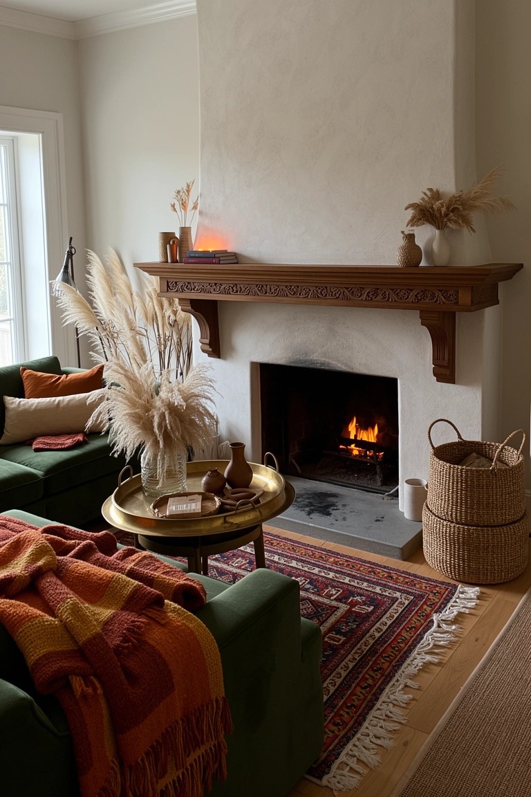 Cozy boho living room with wooden fireplace mantel holding tall pampas grass and vases, green sofa layered with orange blanket, colorful rug, and woven baskets nearby
