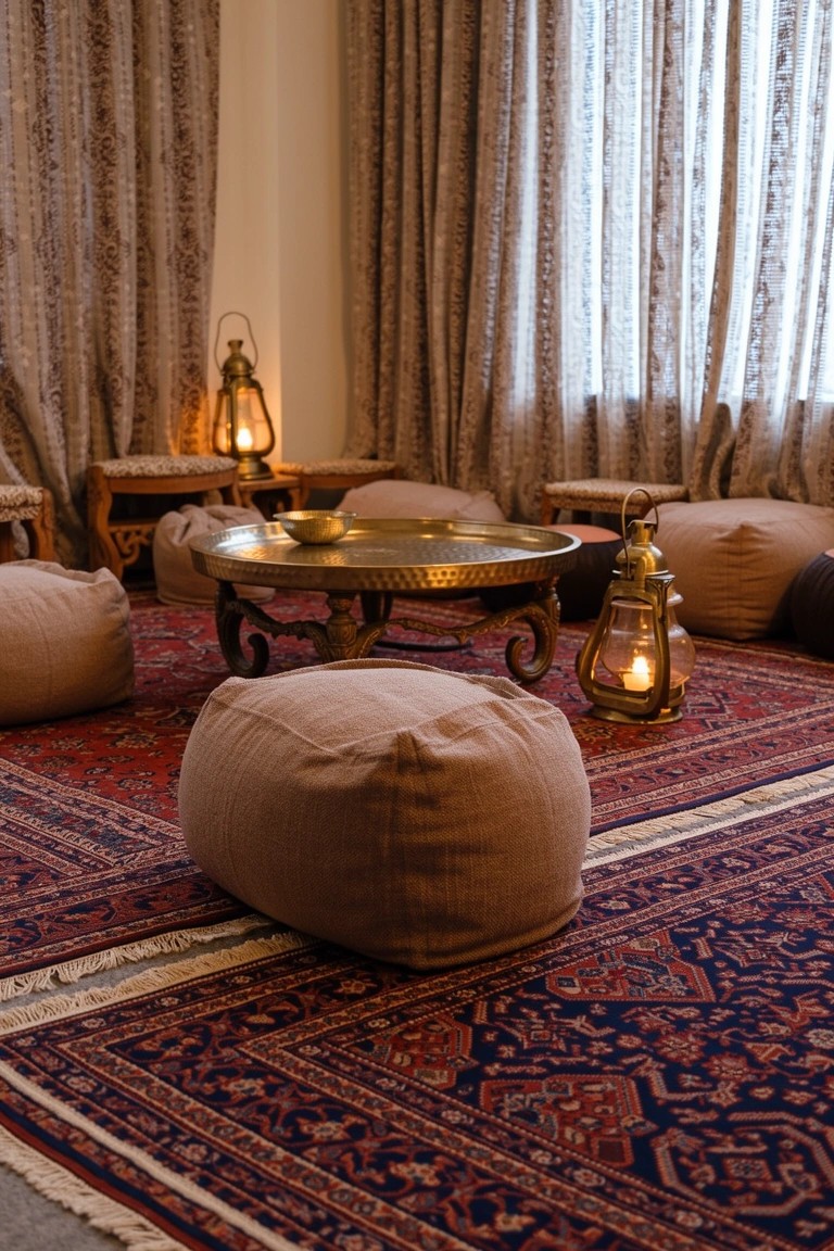 Cozy boho floor seating with beige poufs around a low brass table on a red rug with lanterns