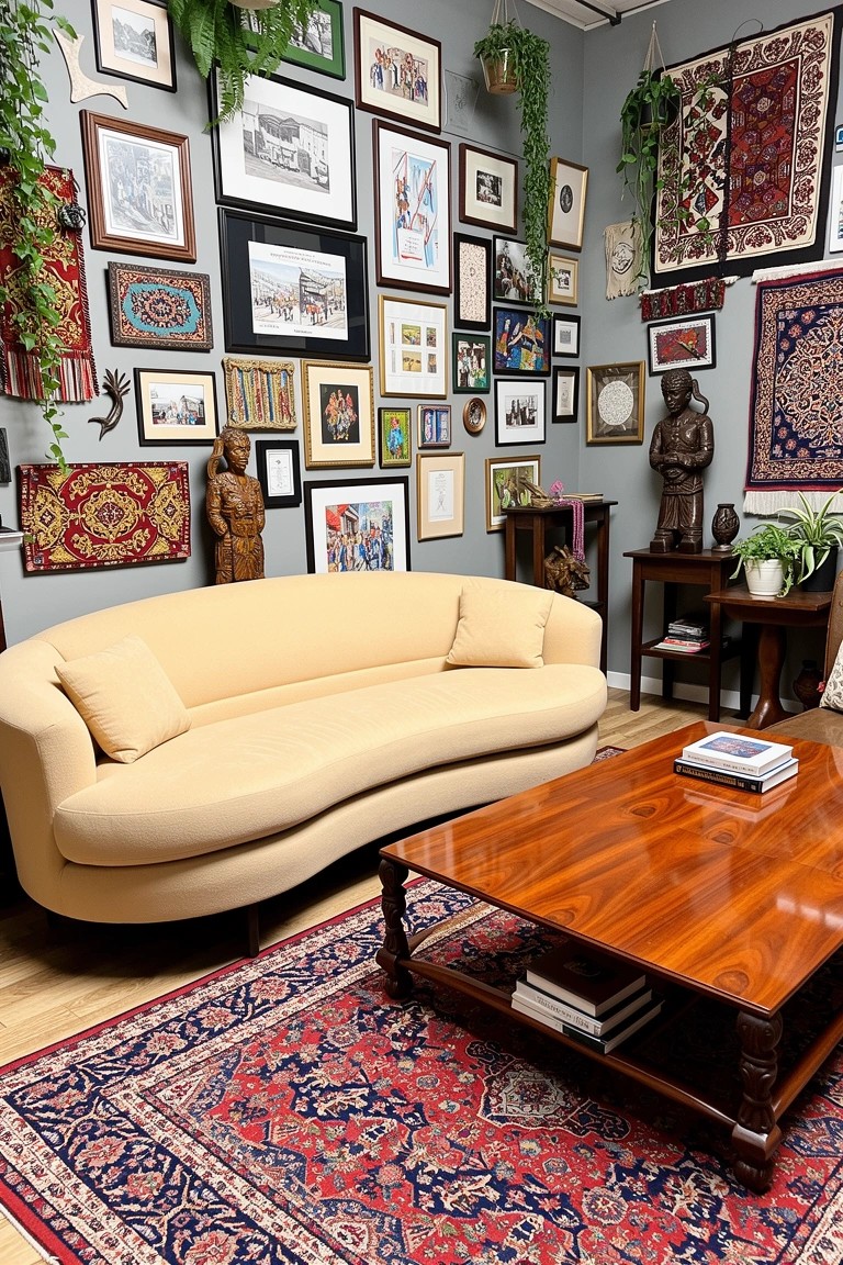 Boho living room with eclectic gallery wall of mixed frames, art, photos, and hanging plants above curved beige sofa, wooden coffee table, and red rug