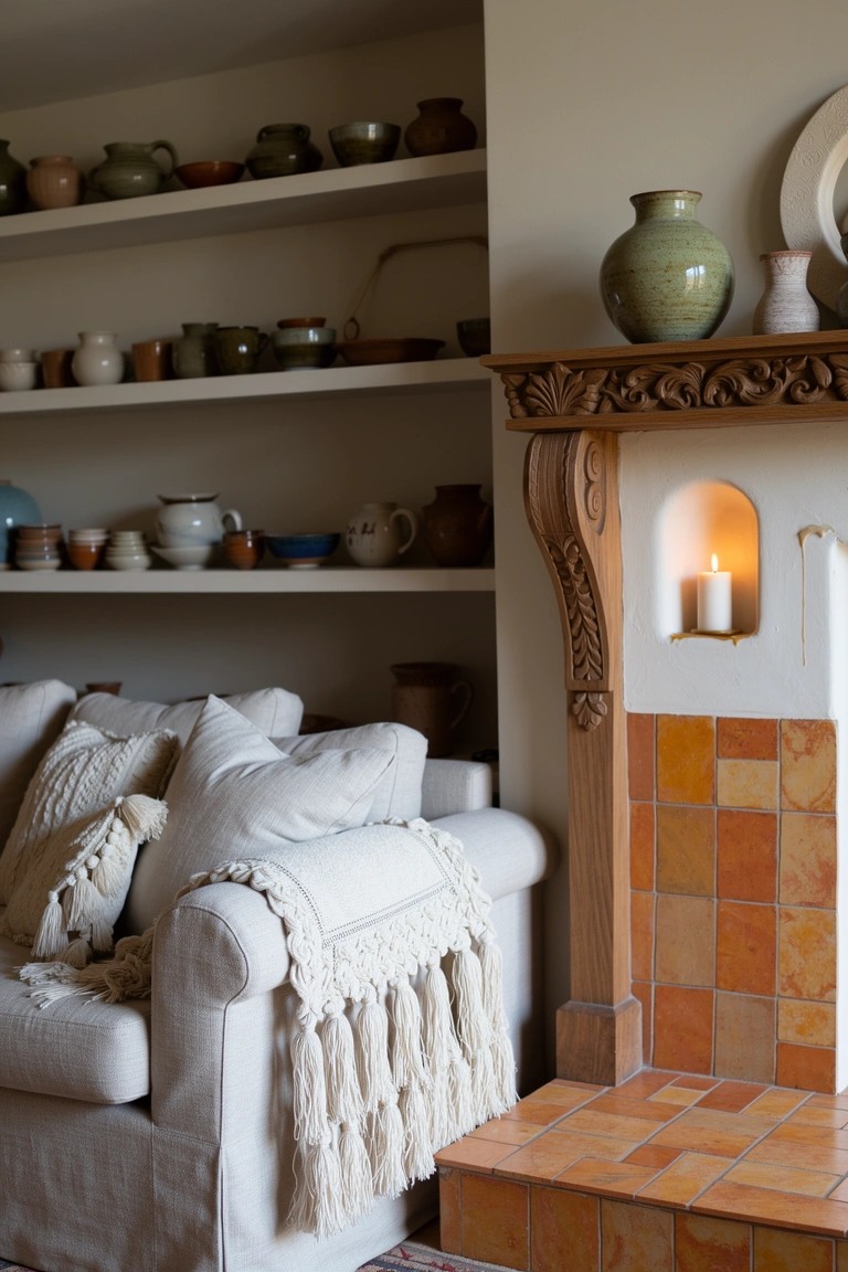 Cozy boho living room corner featuring open shelves of assorted pottery, white sofa with macrame throw, and rustic wooden fireplace with candle