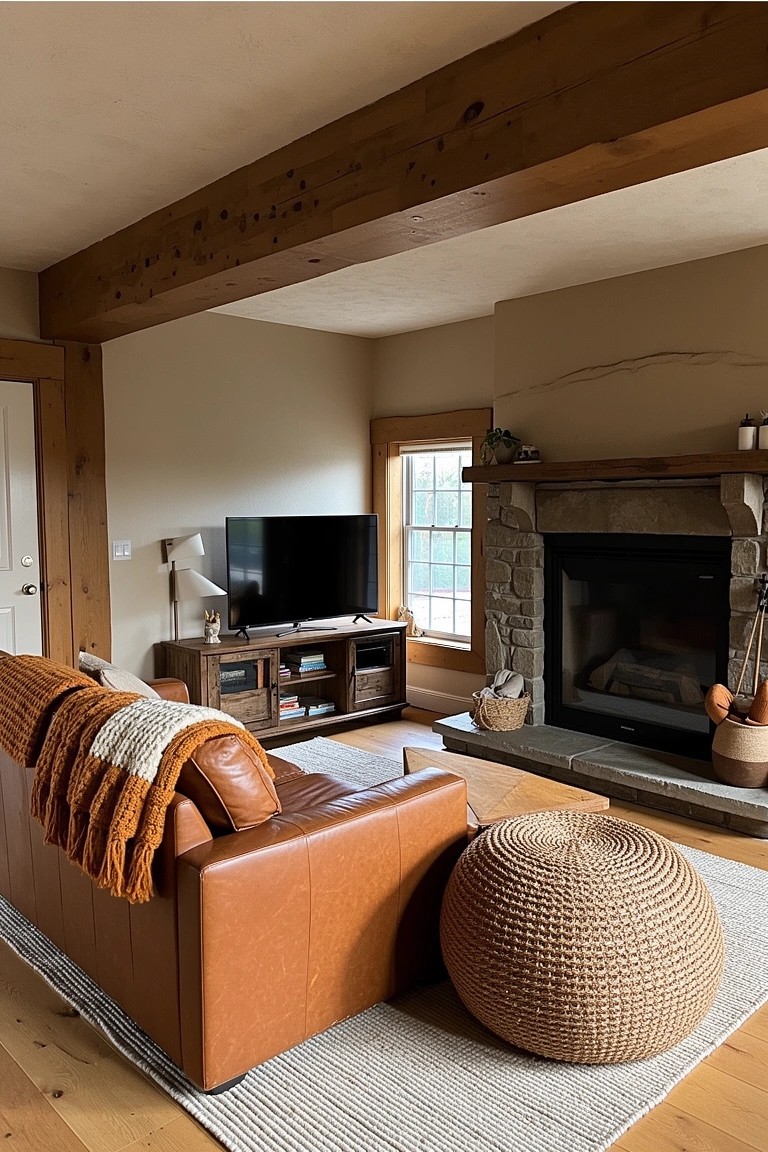 Cozy living room featuring exposed wood beams, a stone fireplace, leather sofa with orange throw, and woven pouf on wood floors