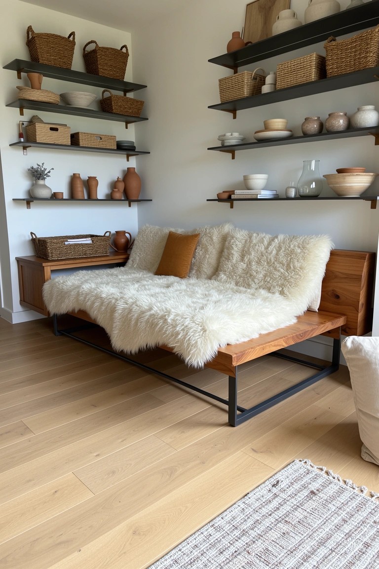 Wooden bench draped in white fluffy sheepskin with pillows, next to open shelves holding pottery and baskets in a light, neutral room corner
