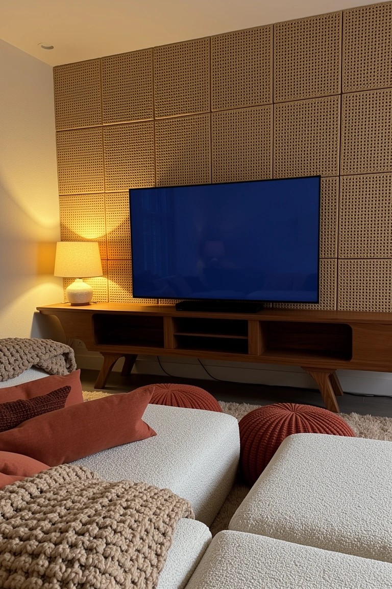 Cozy living room TV nook with beige wooden slat wall panels, mid-century credenza holding a TV and lamp, white modular sofas with rust pillows, orange poufs, and a knit throw.