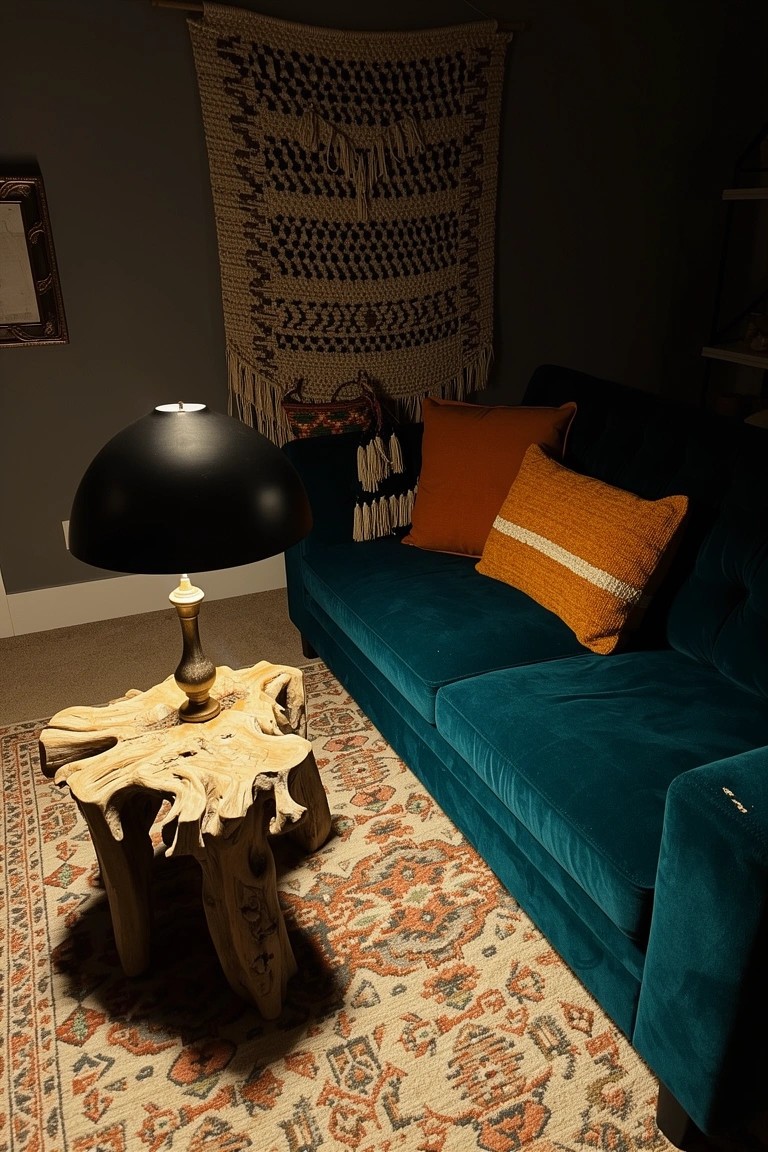 Cozy boho living room corner featuring a teal velvet sofa with orange pillows, rustic wood stump coffee table on a patterned rug, black lamp, and woven wall hanging