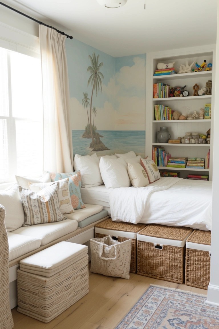 Cozy corner bedroom nook with low white bed piled with pillows, built-in bench seating, wicker storage baskets underneath, and palm tree mural on the wall