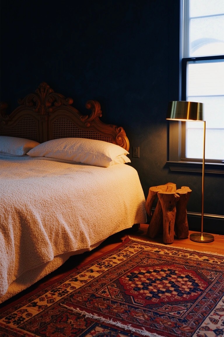 Bedroom with deep navy walls, carved rattan headboard, white quilted bedding, Persian-style rug, brass floor lamp, and tree trunk stools