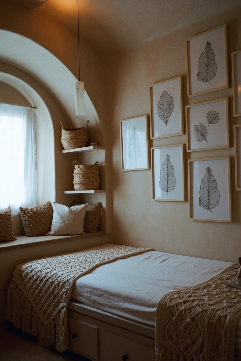 Small beachy boho bedroom alcove with arched window, built-in bench with beige cushions, woven baskets on shelves, and framed leaf prints on walls