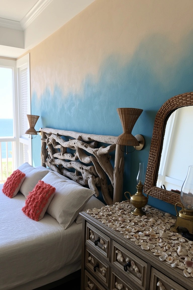Rustic driftwood headboard in a beachy boho bedroom with ombre wall and shell details