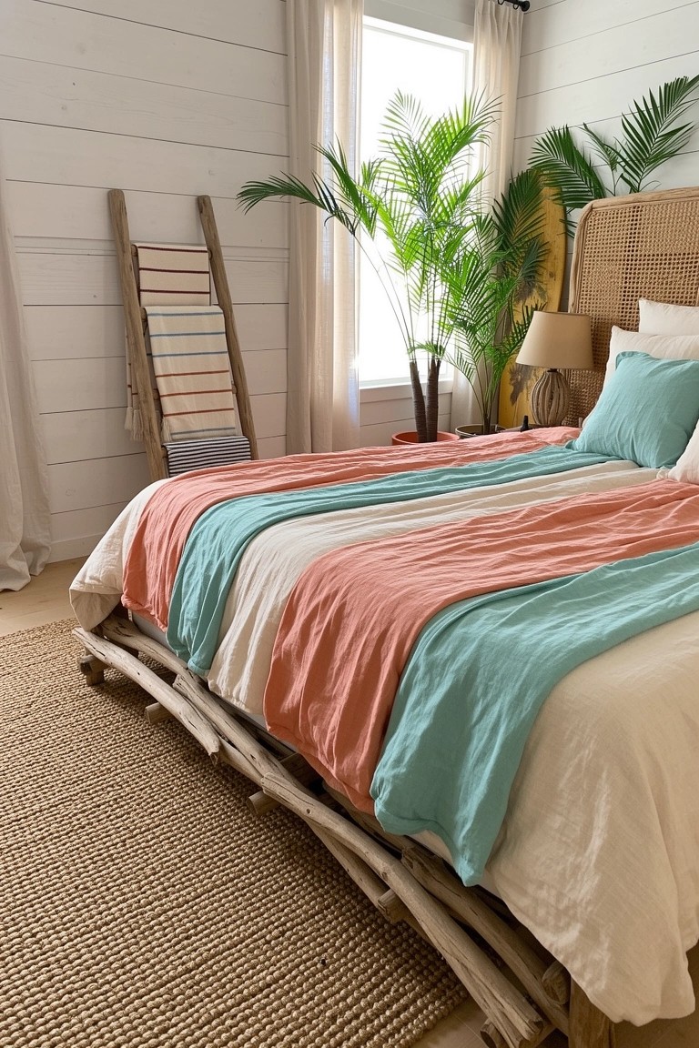 Beachy boho bedroom with driftwood platform bed layered in coral, teal, and white striped linens, potted palms nearby, rattan headboard, and shiplap walls