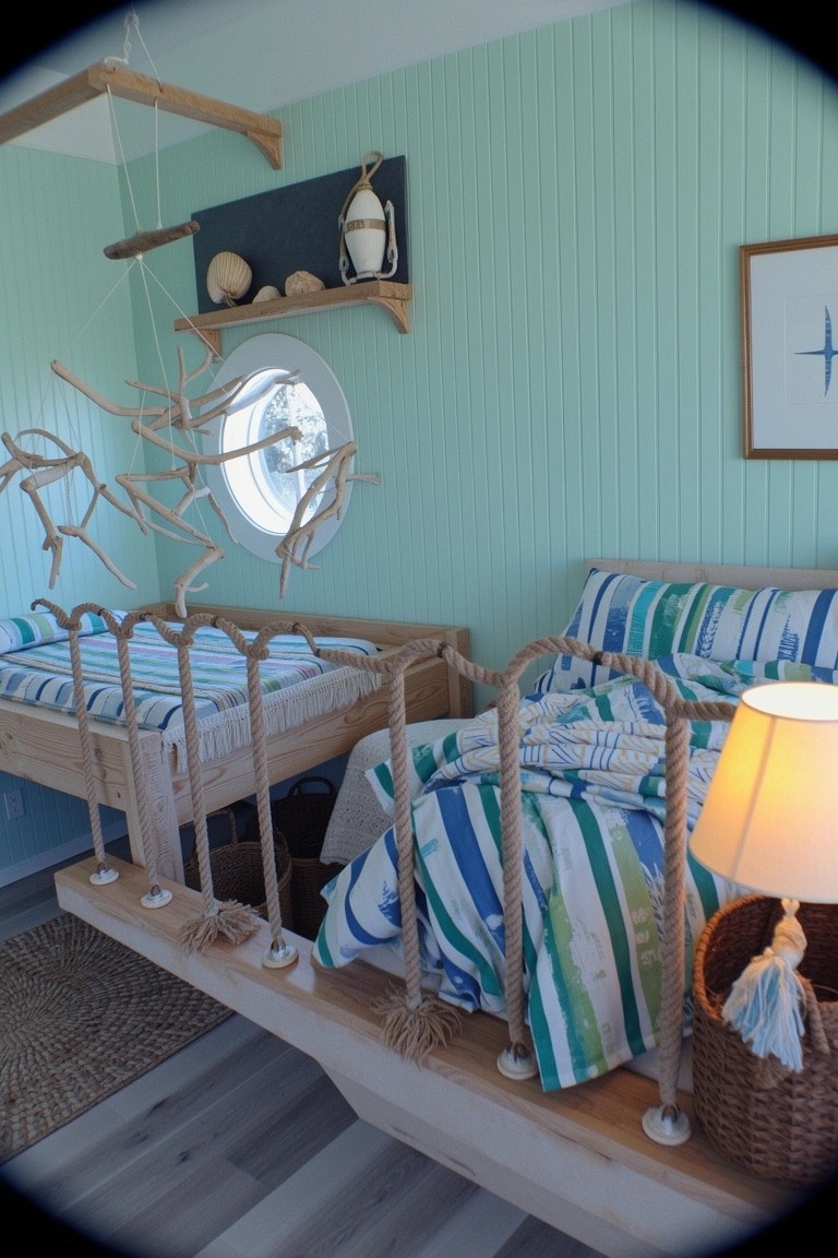 Wooden bunk beds with nautical rope railings in a light green beach-themed bedroom, striped bedding, porthole window, and shell decor
