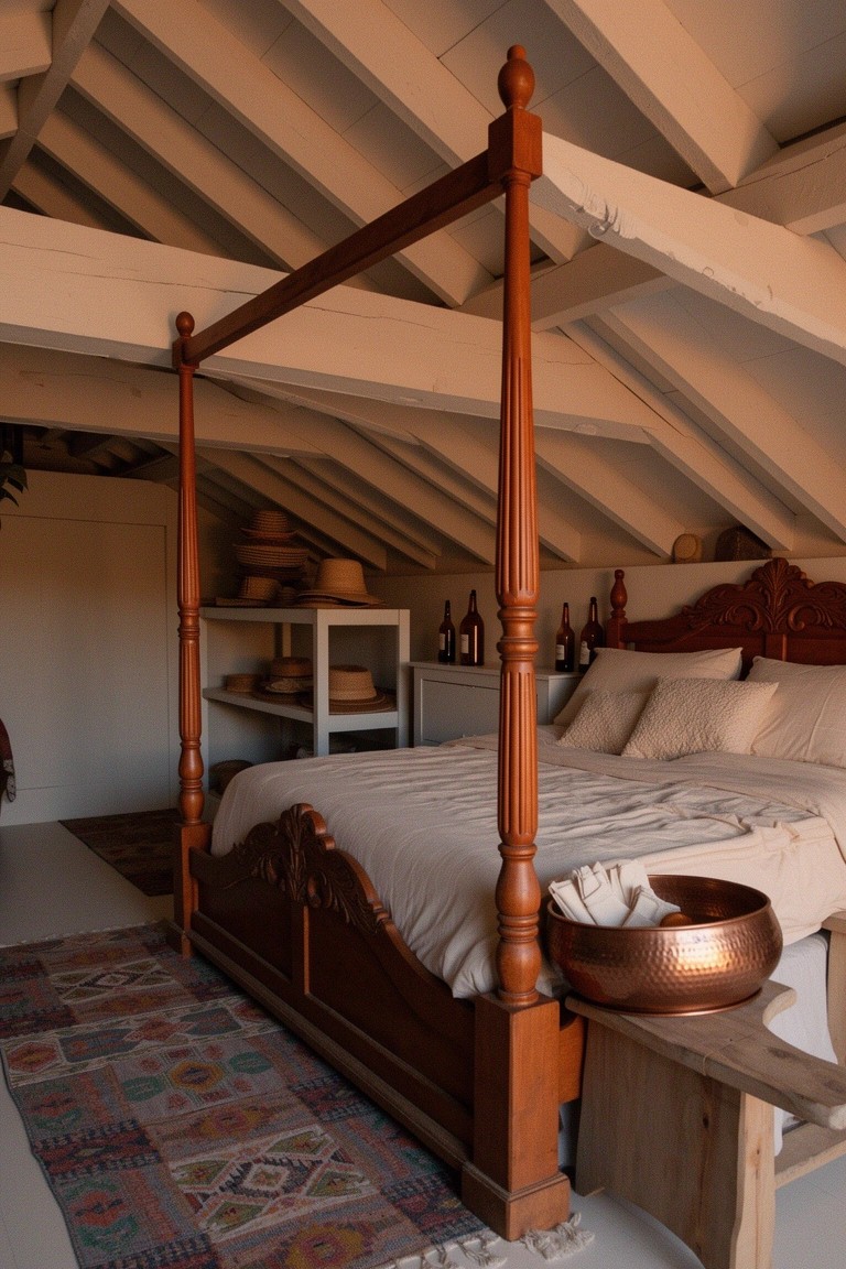 Rustic wooden four-poster bed in attic bedroom with exposed beams, white bedding, shelves of hats and bottles, and colorful rug