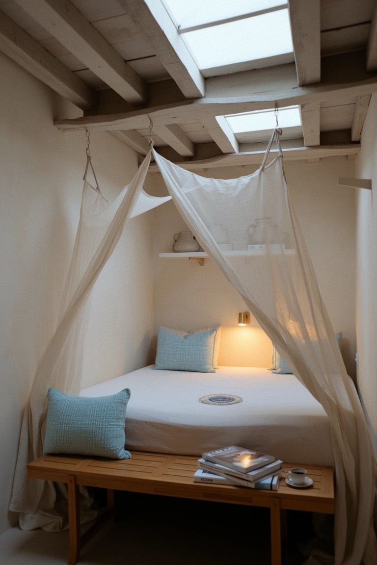 Small cozy bedroom with sheer white canopy over bed, blue pillows, wooden bench, books, and soft lamp light