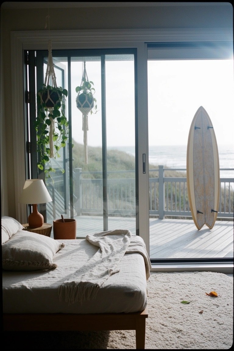 Boho beach bedroom with neutral bed, hanging plants, and sliding glass doors open to ocean-view deck with surfboard