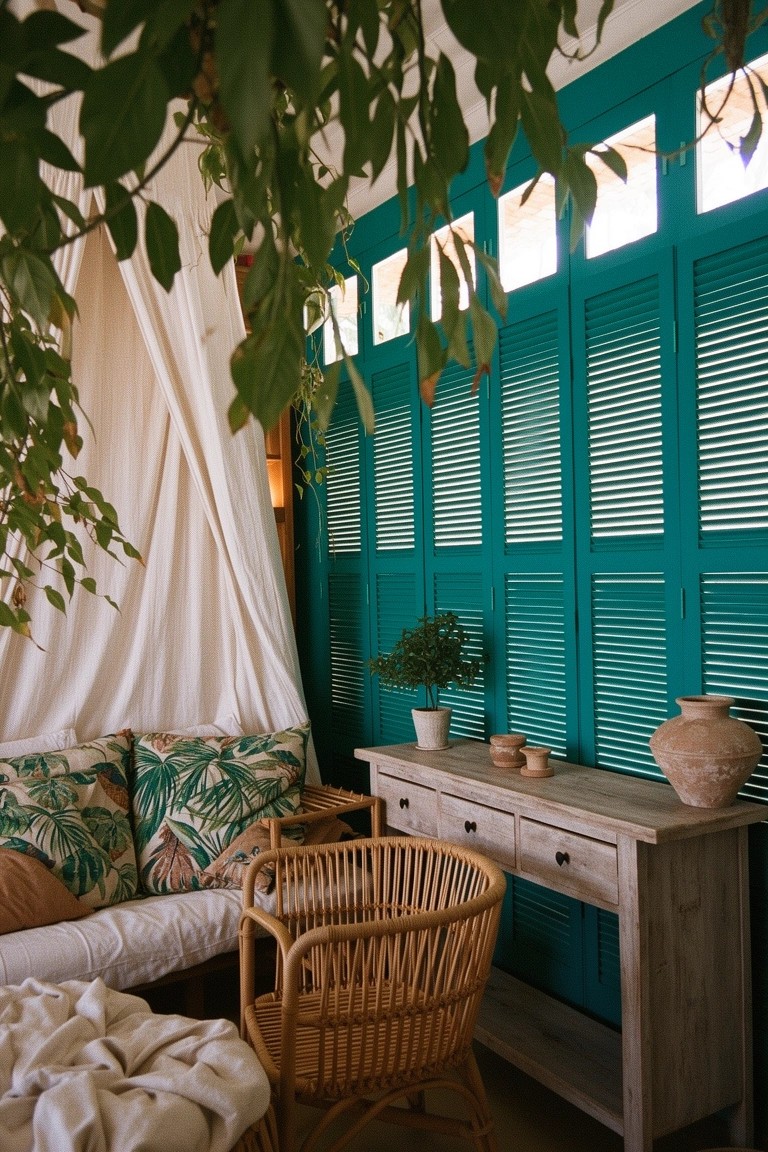 Boho outdoor seating nook featuring turquoise louvered walls, rattan chair, wooden side table, white draped canopy, and lush green plants