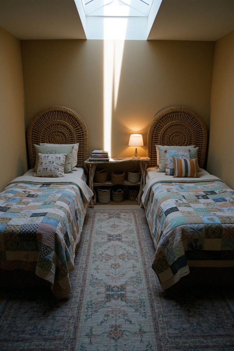 Small beachy boho bedroom with twin beds, rattan headboards, and patchwork quilts