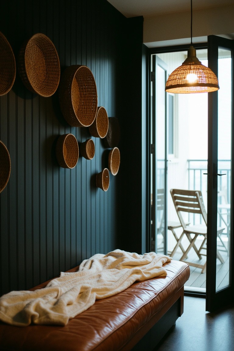 Dark green shiplap wall with woven baskets hung in clusters, tan leather daybed with white blanket, open balcony doors