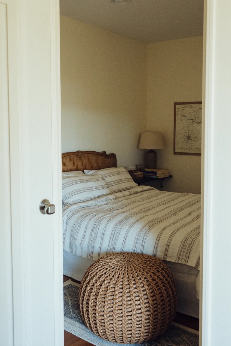 Bedroom doorway view showing wooden bed with striped linens, wicker pouf at foot, nightstand lamp, and nautical map on beige wall