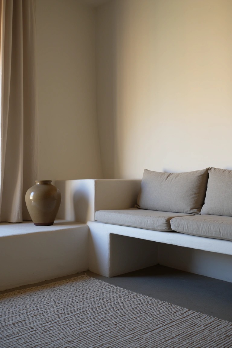 Minimalist living room corner featuring a white built-in bench with beige cushions, a large terracotta vase on the ledge, neutral rug, and light curtains.