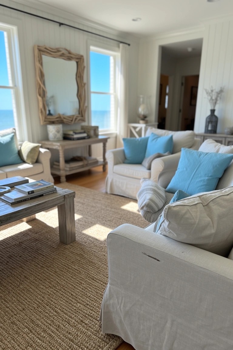Coastal living room with white slipcovered sofas accented by blue pillows, wooden furniture, shiplap walls, and ocean views through large windows