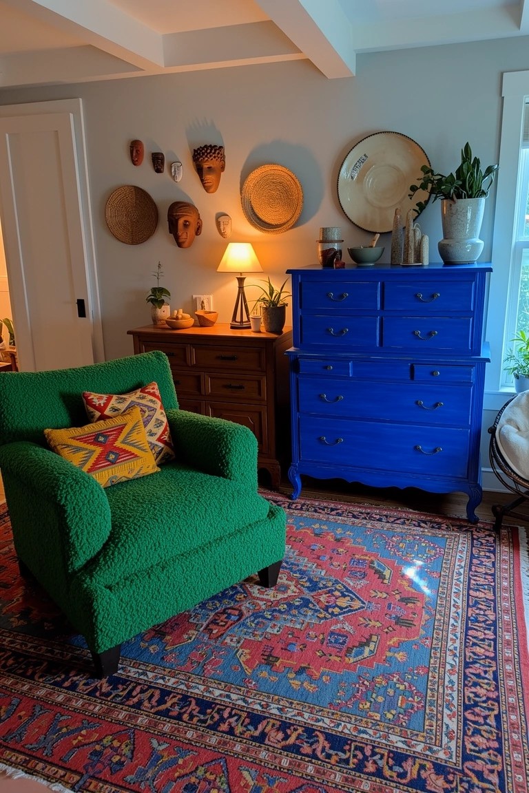 Eclectic boho living room corner with shaggy green armchair on Persian rug next to blue wooden dresser, wall baskets, masks, and plants