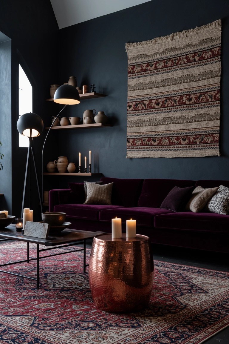 Eclectic boho living room corner with deep purple velvet sofa, hammered copper stool on red patterned rug, black metal coffee table, large woven tapestry on dark wall, pottery shelves and black lamps