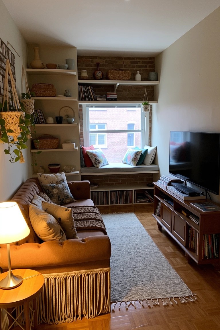 Small eclectic boho living room with tan leather sofa, brick wall window seat piled with pillows and plants, wood media console, and shelves.