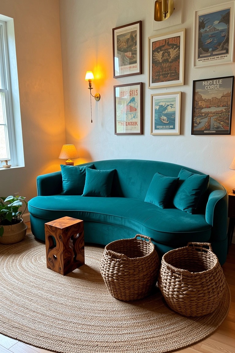 Cozy boho living room corner with turquoise curved velvet sofa, carved wood stool coffee table, wicker storage baskets, round jute rug, and eclectic vintage posters on light walls